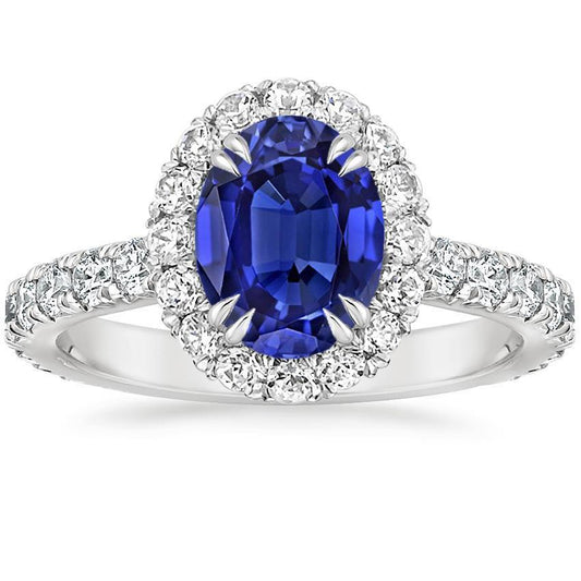 Halo Diamond Ring Oval Deep Blue Sapphire Claw Prong Set 6.50 Carats