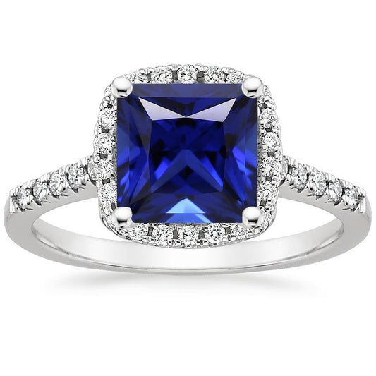 Halo Diamond Ring Princess Blue Sapphire With Accents 6 Carat Gold 14K