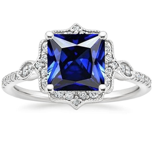 Halo Diamond Ring Vintage Style Ceylon Sapphire Princess Cut 6 Carats