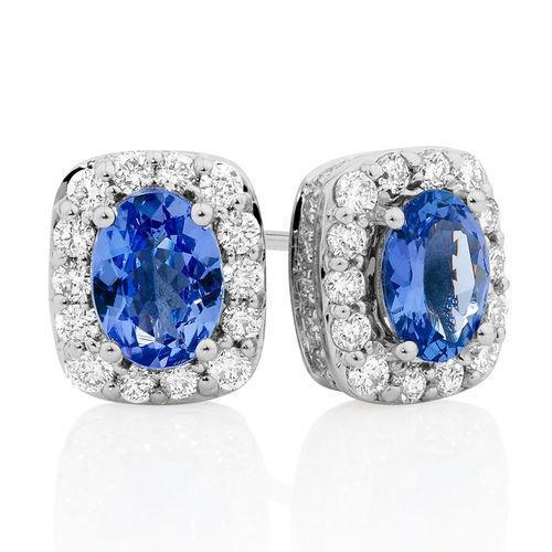 Halo Diamond Tanzanite Stud Earrings 5.40 Carat White Gold 14K
