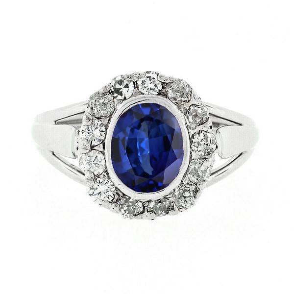 Halo Diamond Wedding Ring Oval Ceylon Sapphire Bezel Set 4.50 Carats