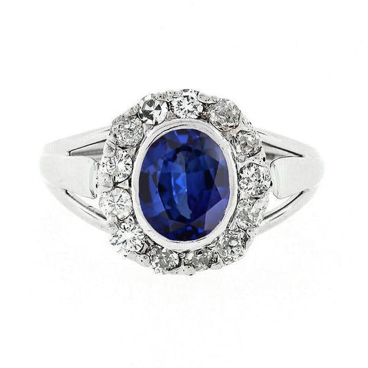 Halo Diamond Wedding Ring Oval Ceylon Sapphire Bezel Set 4.50 Carats