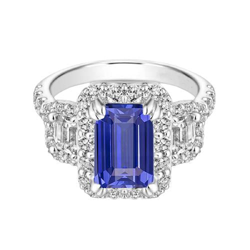 Halo Emerald Diamond & Ceylon Sapphire Ring 3.50 Carats With Accents