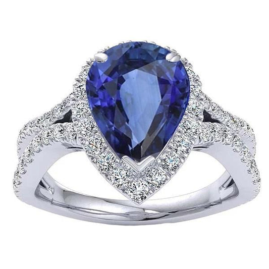 Halo Engagement Ring Split Shank Blue Sapphire & Diamonds 6.50 Carats