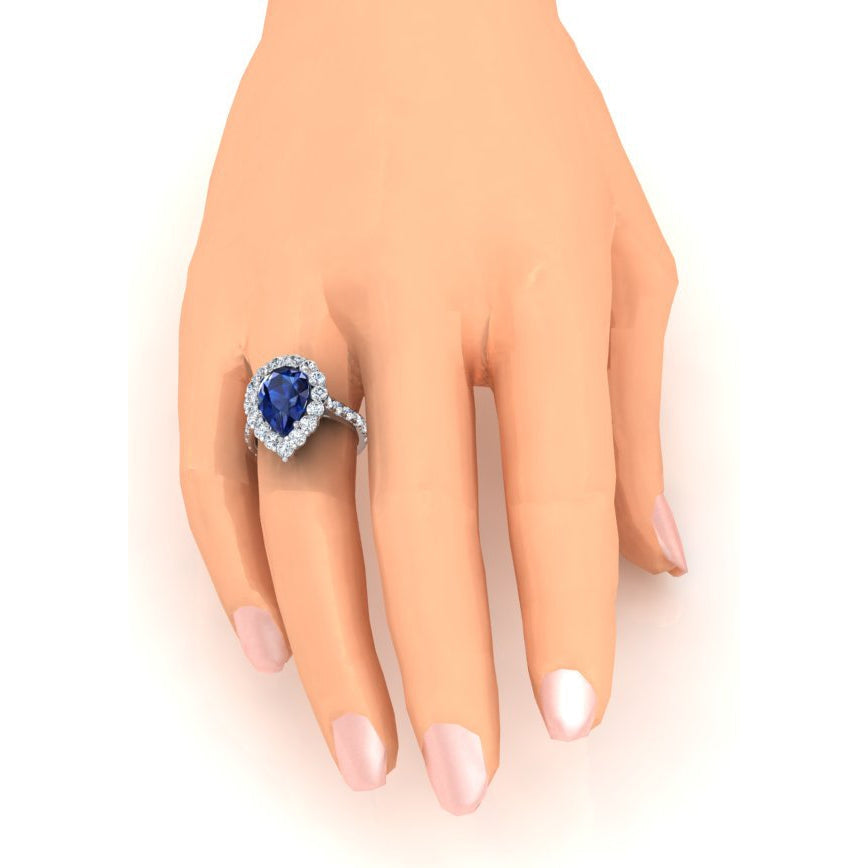 Halo Gemstone Ring Pear Blue Sapphire Gold Womens Jewellery 8 Carats