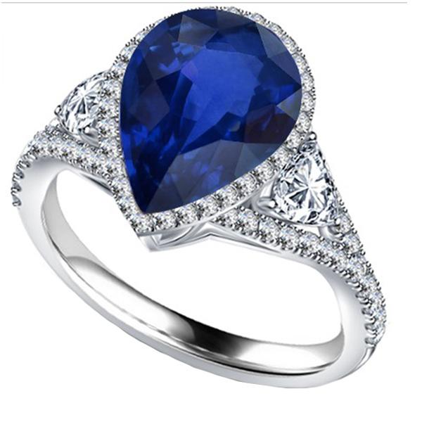 Halo Gold Ring Blue Sapphire With Diamond Side Stones 4.50 Carats