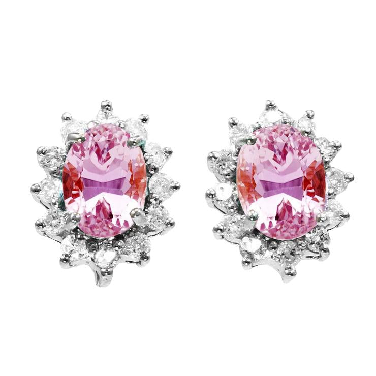 Halo Oval Cut 12 Carats Pink Kunzite & Round Diamond Stud Earrings