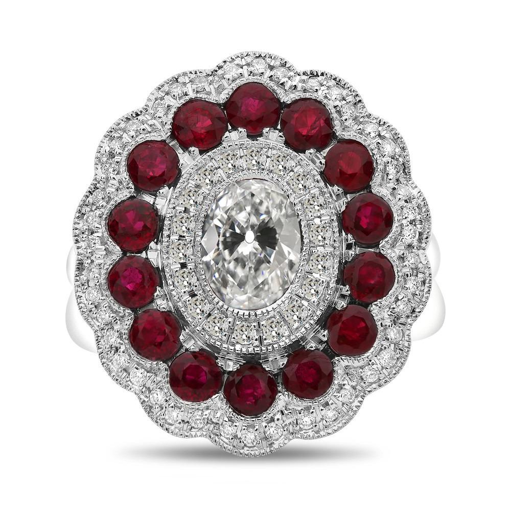 Halo Oval Old Mine Cut Diamond & Ruby Wedding Ring 12 Carats