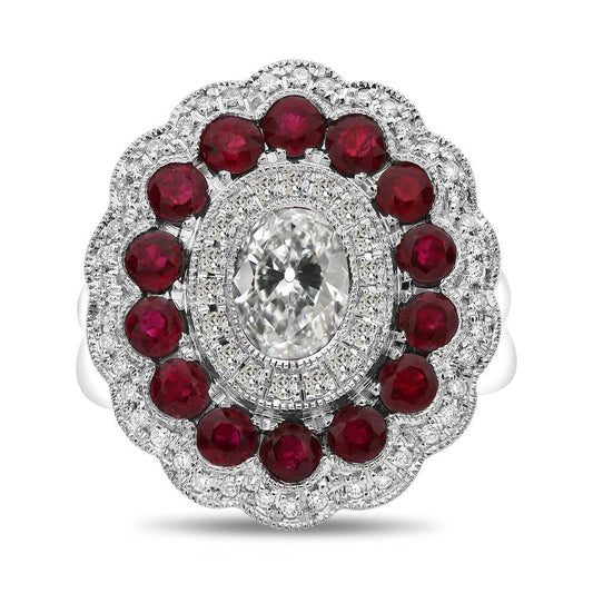 Halo Oval Old Mine Cut Diamond & Ruby Wedding Ring 12 Carats