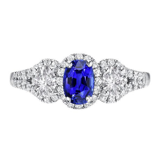 Halo Oval Sapphire Ring 3 Stone Style Split Shank 3.50 Carats