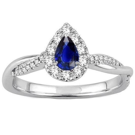 Halo Pear Blue Sapphire Ring Twist Style Round Diamonds 3.50 Carats