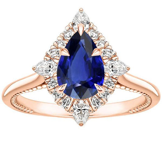 Halo Pear Cut Engagement Ring Blue Sapphire & Diamonds 4 Carats