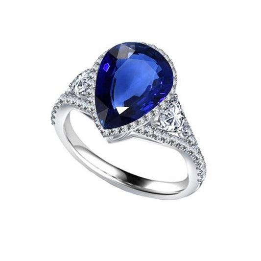 Halo Ring Bezel Set Pear Blue Sapphire & Diamond Accents 4 Carats