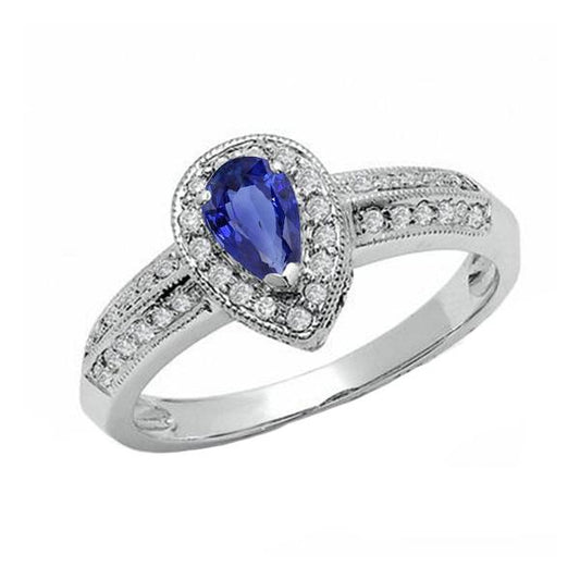 Halo Ring Double Shank Pear Blue Sapphire & Diamonds 2 Carats