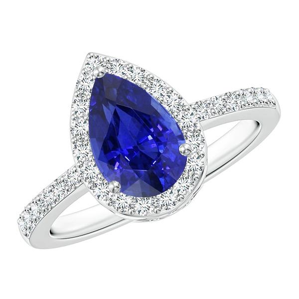 Halo Ring Pear Ceylon Sapphire & Pave Set Diamonds 4.50 Carats