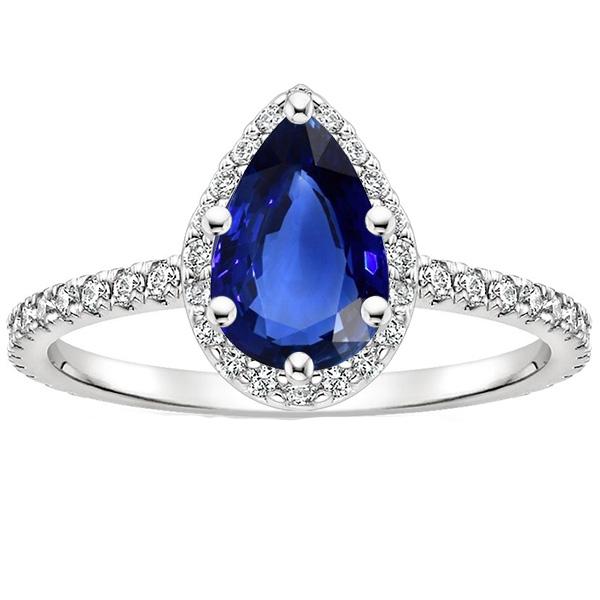 Halo Ring Pear Cut Sri Lankan Sapphire & Pave Set Diamonds 4.75 Carats