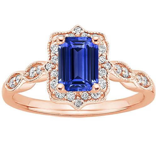 Halo Ring Rose Gold 14K Emerald Blue Sapphire & Diamond 4 Carats