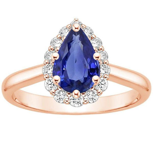 Halo Ring Rose Gold Pear Shape Blue Sapphire & Diamonds 3.75 Carats