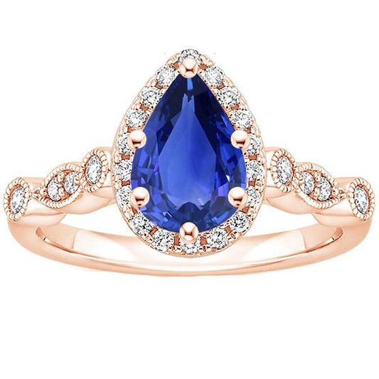 Halo Ring Vintage Style Pear Blue Sapphire & Diamonds 4 Carats