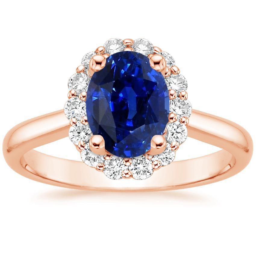 Halo Round Diamond & Oval Ring Sri Lankan Sapphire 3.50 Carats