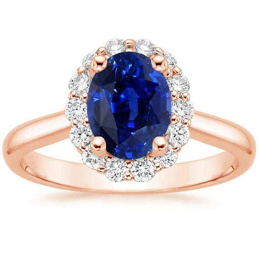 Halo Round Diamond & Oval Ring Sri Lankan Sapphire 3.50 Carats
