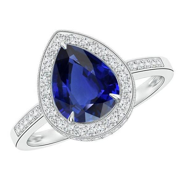 Halo White Gold Ring Pear Pave Set Diamond Blue Sapphire 2.50 Carats