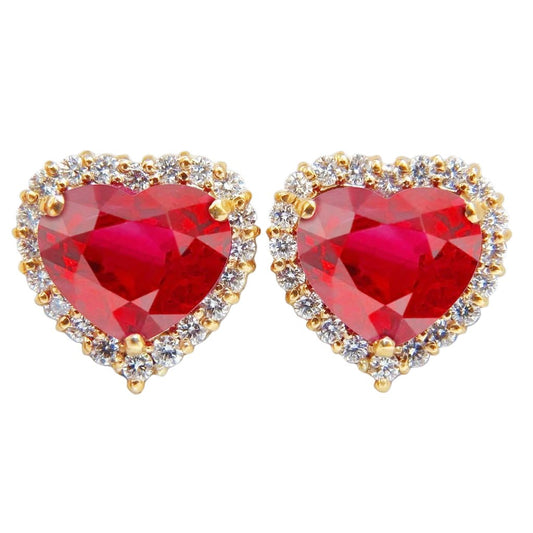 Heart Cut Ruby And Diamond Stud Earring 7.40 Carats Yellow Gold 14K