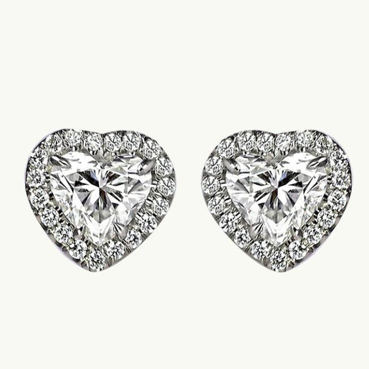 Heart & Round Cut Halo Diamond Stud Earring 2.38 Carat White Gold 14K