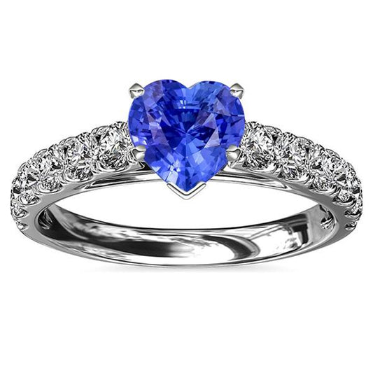Heart Solitaire Natural Blue Sapphire Diamond Accents Ring 3.50 Carats