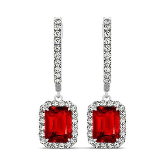 Ladies Dangle Earrings 9 Ct Red Ruby With Diamonds White Gold