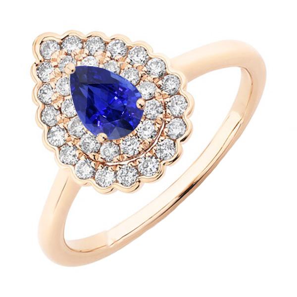 Ladies Double Halo Ring Pear Blue Sapphire & Diamonds 3.50 Carats