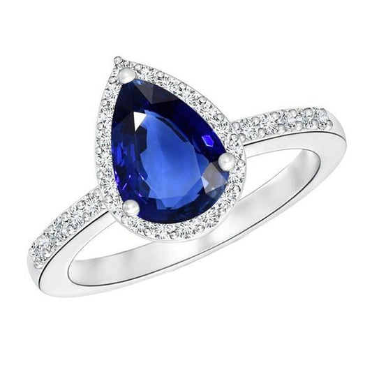 Ladies Halo Gemstone Ring Pear Blue Sapphire & Diamonds 4 Carats