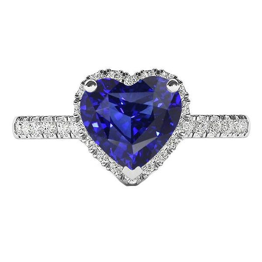 Ladies Halo Heart Srilanka Sapphire Ring & Diamonds 3.50 Carats