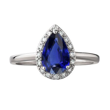 Ladies Halo Ring Pear Cut Ceylon Sapphire 2.50 Carats White Gold 14K