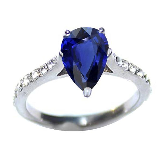 Ladies Solitaire Pear Blue Sapphire With Accents Diamond Ring 3 Carats