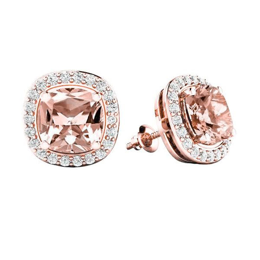 Morganite With Diamonds 12.70 Carats Studs Earrings Rose Gold 14K