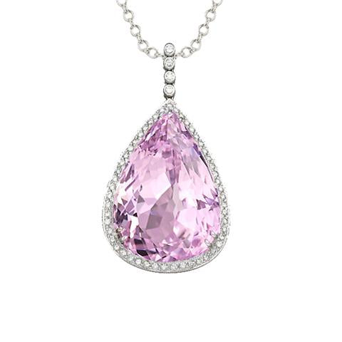 Natural Kunzite And Diamond Necklace Pendant White Gold 14K 24 Ct