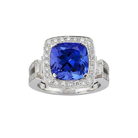 Natural Tanzanite With Diamonds 5.40 Ct Ring 14K White Gold
