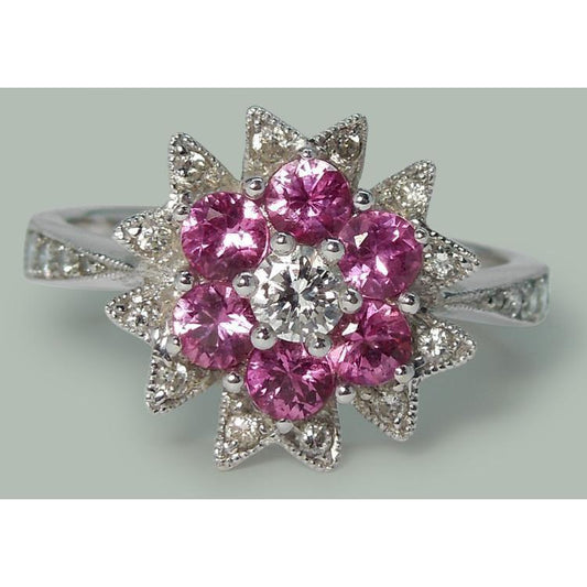 Natural Earth Mined Diamonds & Pink Sapphires 1.15 Ct. Flower Style Ring White Gold 14K
