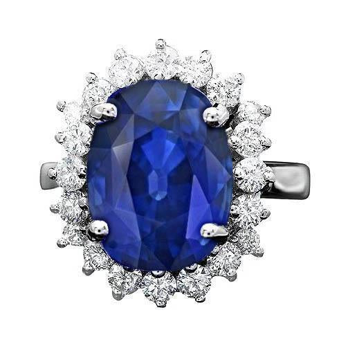 Oval And Round Cut Ceylon Sapphire 8.01 Carat Diamonds Ring WG 14K
