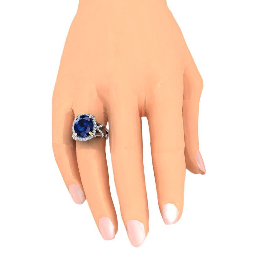 Oval Blue Sapphire And Round Cut Natural Earth Mined Diamonds Gemstone Ring 7.81 Carat