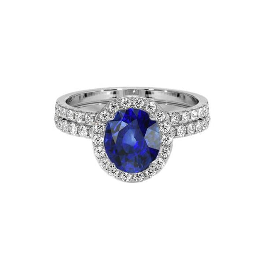 Oval Blue Sapphire Halo Engagement Ring Set 10.25 Carats White Gold