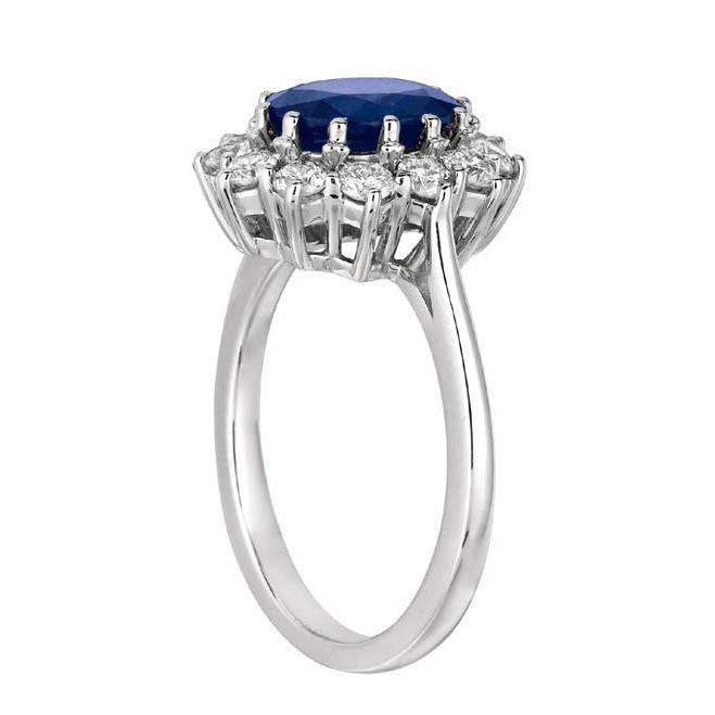 Oval Blue Sapphire & Round Diamonds Halo Ring 6.50 Ct. White Gold 14K