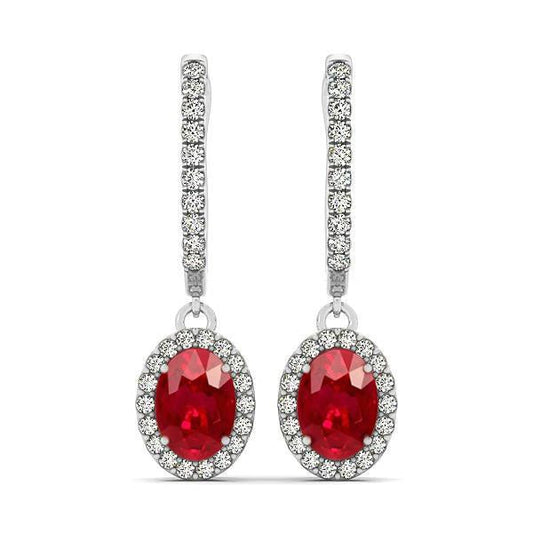 Oval Cut Ruby With Round Diamonds 7.50 Ct Dangle Earrings Gold 14K