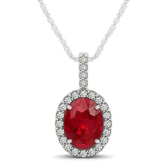 Oval Ruby & Diamond Pendant Necklace 9.10 Ct White Gold 14K