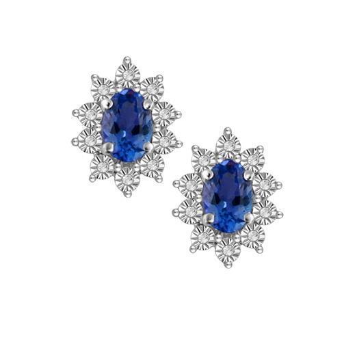 Oval Sri Lanka Sapphire Round Diamond Cluster Stud Earring 5 Ct WG 14K