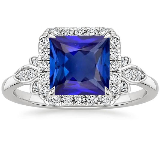 Pave Halo Diamond Ring With Princess Blue Sapphire Center 6 Carat Gold