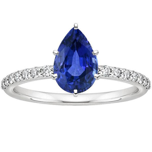 Pear Blue Sapphire Solitaire With Diamond Accents Ring 4.50 Carats