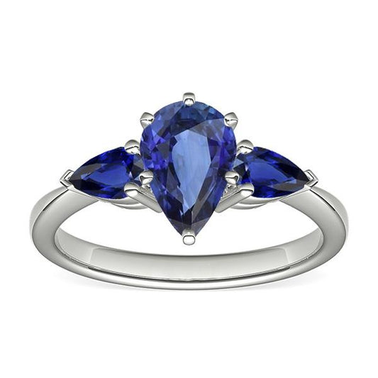 Pear Blue Sapphire Three Stone Ring 2 Carats White Gold 14K