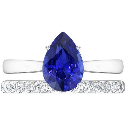 Pear Blue Sapphire Wedding Ring Set White Gold & Diamonds 4.50 Carats